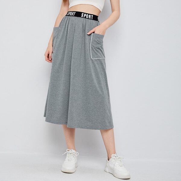 

Letter Tape Waist Contrast Binding Pocket Patched Skirt, Grey