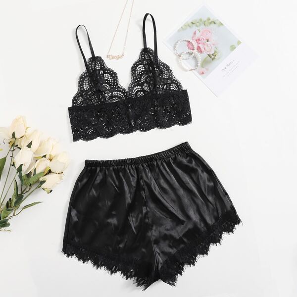 

Floral Lace Bralette With Satin Shorts, Black