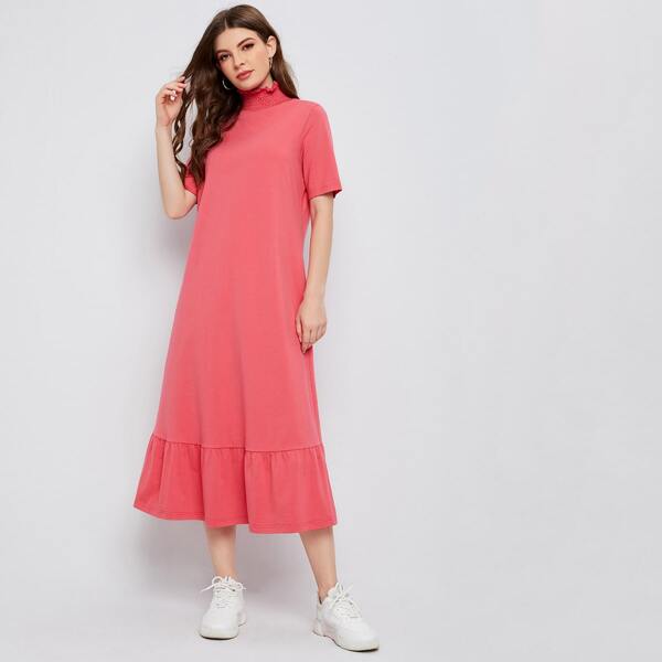 

Shirred High Neck Flounce Hem Dress, Watermelon pink