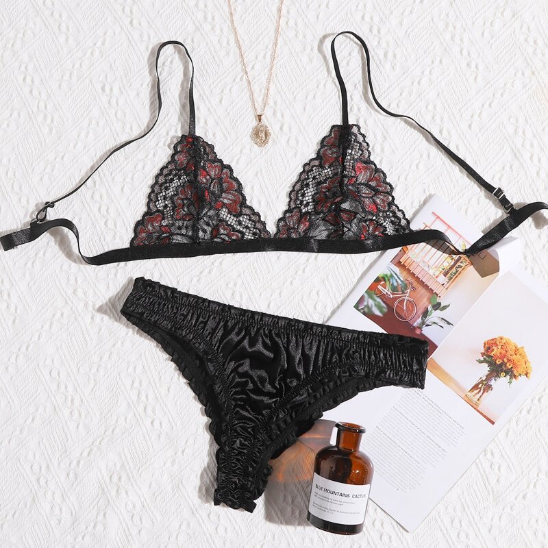 

Floral Lace Satin Lingerie Set, Black