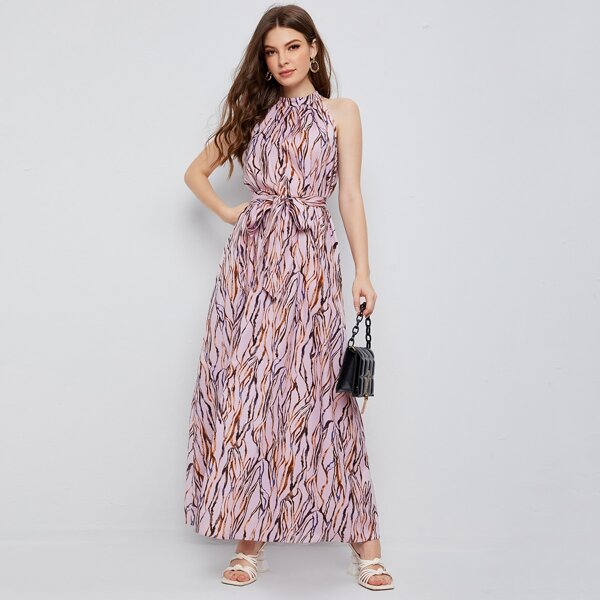 

Allover Print Belted Halter Dress, Multicolor