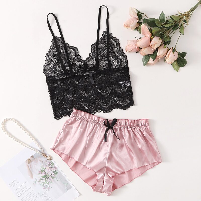 

Floral Lace Bralette With Satin Shorts, Multicolor