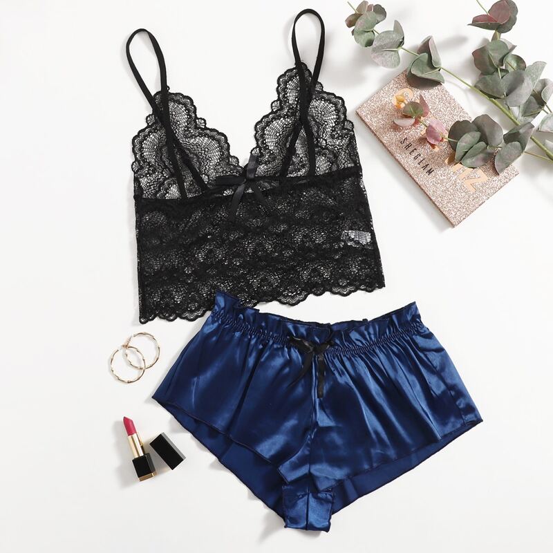 

Floral Lace Bralette With Satin Shorts, Multicolor