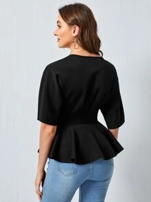 SHEIN Privé Plunging Neck Tie Waist Peplum Top - Black - View 2