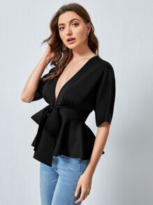 SHEIN Privé Plunging Neck Tie Waist Peplum Top - Black - View 4