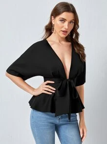 SHEIN Privé Plunging Neck Tie Waist Peplum Top - Black - View 5