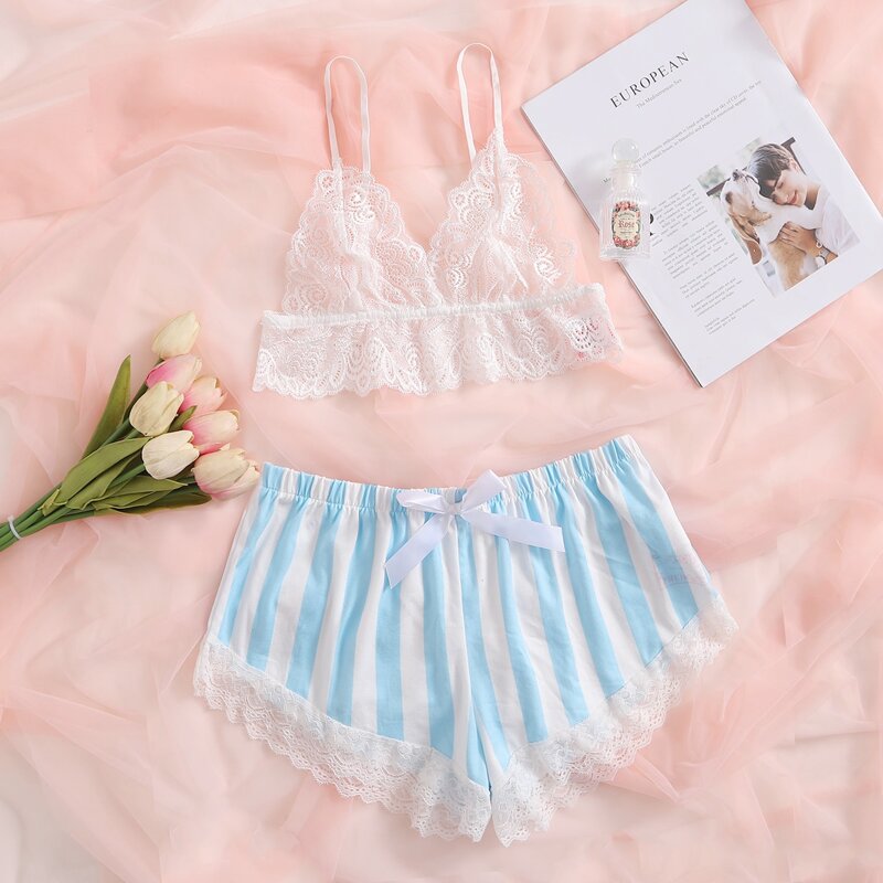 

Floral Lace Bralette With Striped Satin Shorts, Blue and white