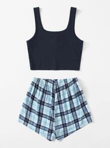 Crop Tank Top With Plaid Print Shorts Pyjama Set - Multicolor - View 2
