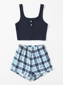 Crop Tank Top With Plaid Print Shorts Pyjama Set - Multicolor - View 4