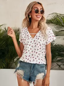 SHEIN Cherry Print Top - Multicolor - View 1