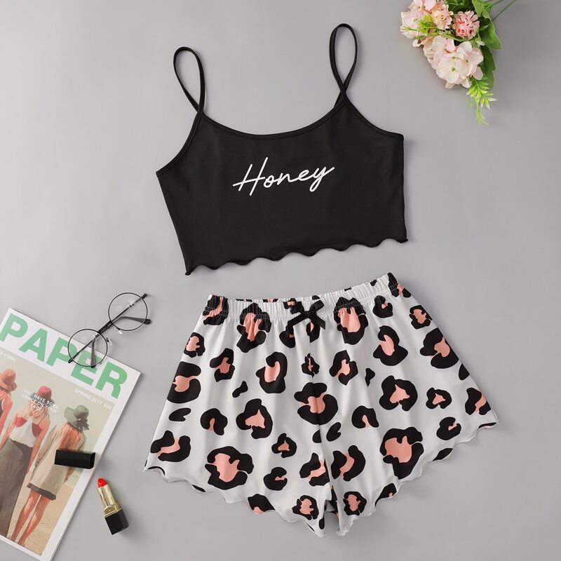 

Letter Graphic Lettuce Trim Pajama Set, Multicolor