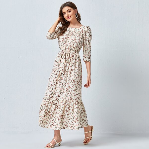 

Ruffle Trim Self Belted Ditsy Floral Dress, Multicolor