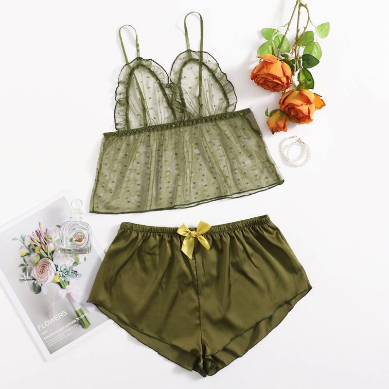 

Dobby Mesh Cami With Satin Shorts, Army green