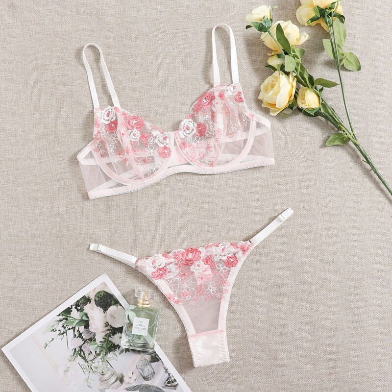 

Embroidered Mesh Underwire Lingerie Set, Multicolor