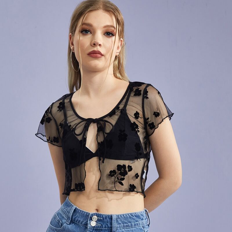 

Floral Tie Front Sheer Top, Black