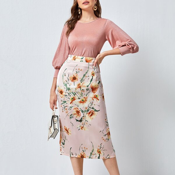 

Lantern Sleeve Solid Top & Floral Print Split Hem Skirt Set, Baby pink