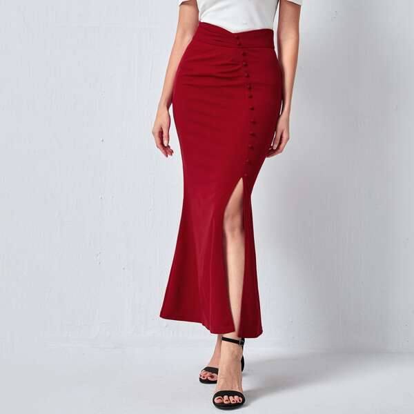 

Solid Button Front Mermaid Hem Skirt, Burgundy