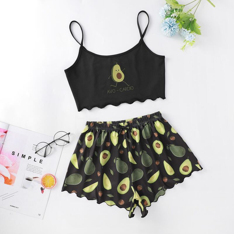 

Avocado And Letter Graphic Scallop Trim Cami PJ Set, Multicolor