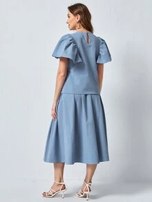 SHEIN Bộ thời trang Nút Hoa Thanh lịch - Màu xanh bụi bặm - Xem 2