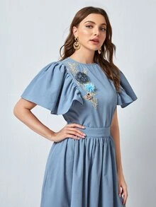 SHEIN Bộ thời trang Nút Hoa Thanh lịch - Màu xanh bụi bặm - Xem 3