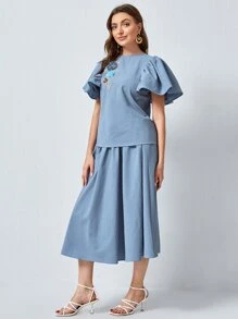 SHEIN Bộ thời trang Nút Hoa Thanh lịch - Màu xanh bụi bặm - Xem 4