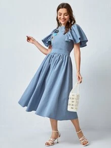 SHEIN Bộ thời trang Nút Hoa Thanh lịch - Màu xanh bụi bặm - Xem 5