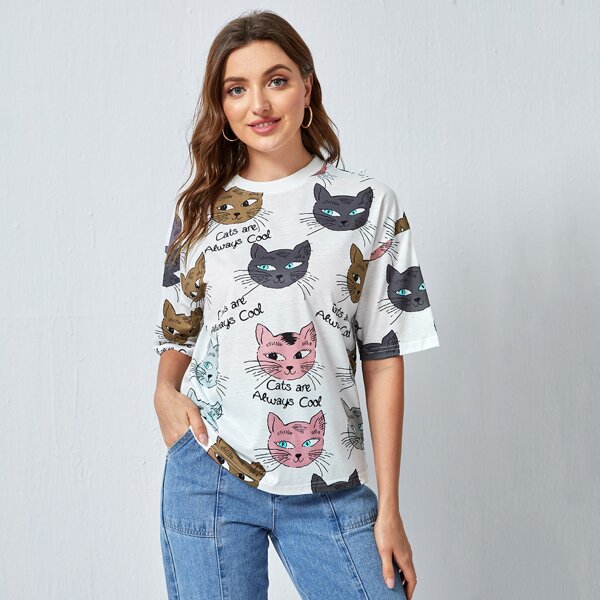 

Cat Print Drop Shoulder Tee, Multicolor