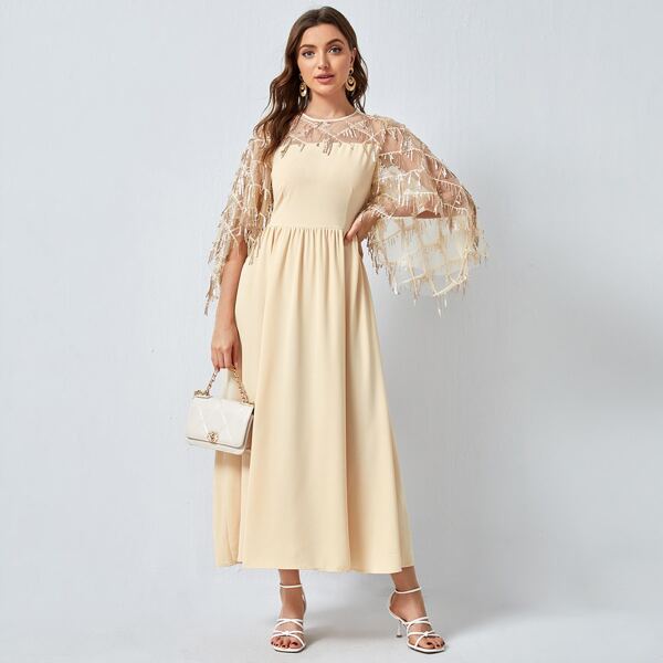 

Contrast Sequin Mesh Yoke Smock Dress, Apricot