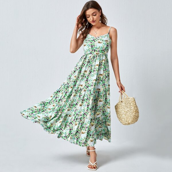 

Allover Print Tiered Hem Belted Slip Dress, Multicolor