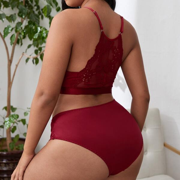

Plus Contrast Lace Lingerie Set, Burgundy