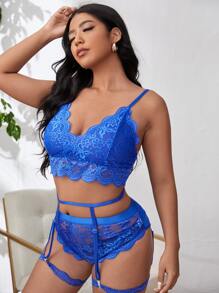 Plus 3pack Floral Lace Scallop Trim Garter Lingerie Set - Blue - View 4