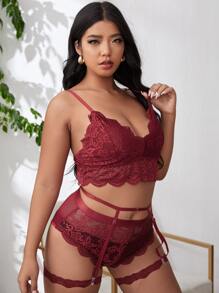 Plus 3pack Floral Lace Scallop Trim Garter Lingerie Set - Burgundy - View 3
