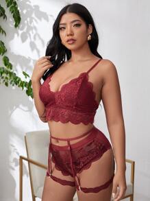 Plus 3pack Floral Lace Scallop Trim Garter Lingerie Set - Burgundy - View 4