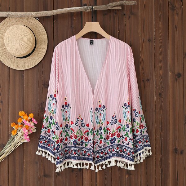 

Plus Floral & Striped Tassel Hem Kimono, Multicolor