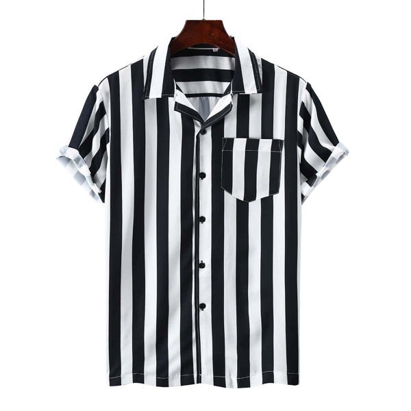 

Men Stripe Button Up Shirt, Black and white