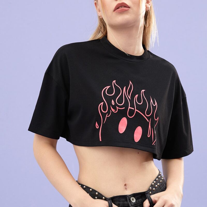 

Fire Graphic Crop Boxy Tee, Black