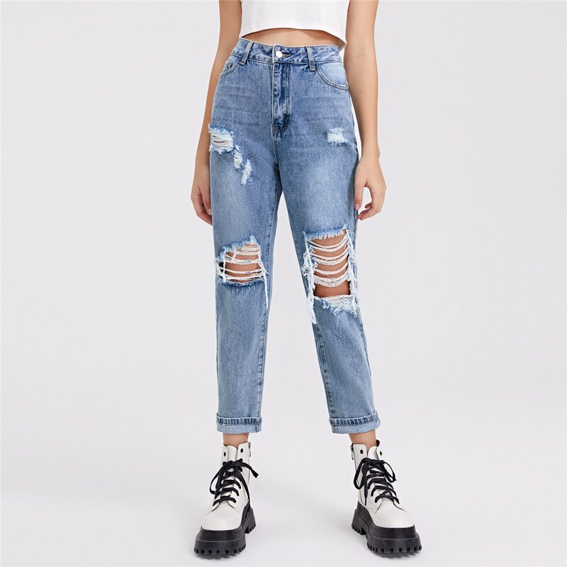 

Ripped Detail Mom Jeans, Light wash