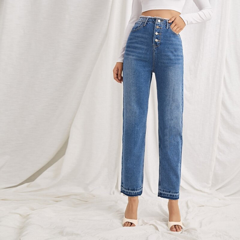

Frayed Trim Straight Leg Jeans, Medium wash