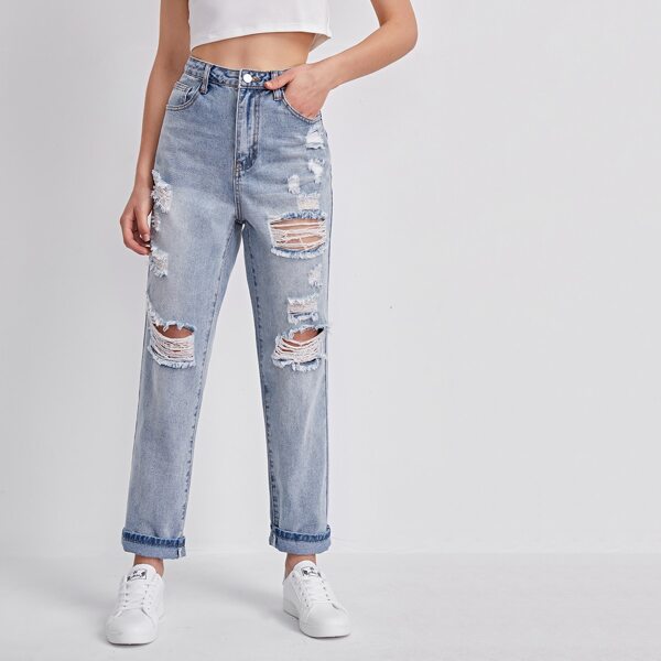 

Light Wash Ripped Straight Leg Jeans