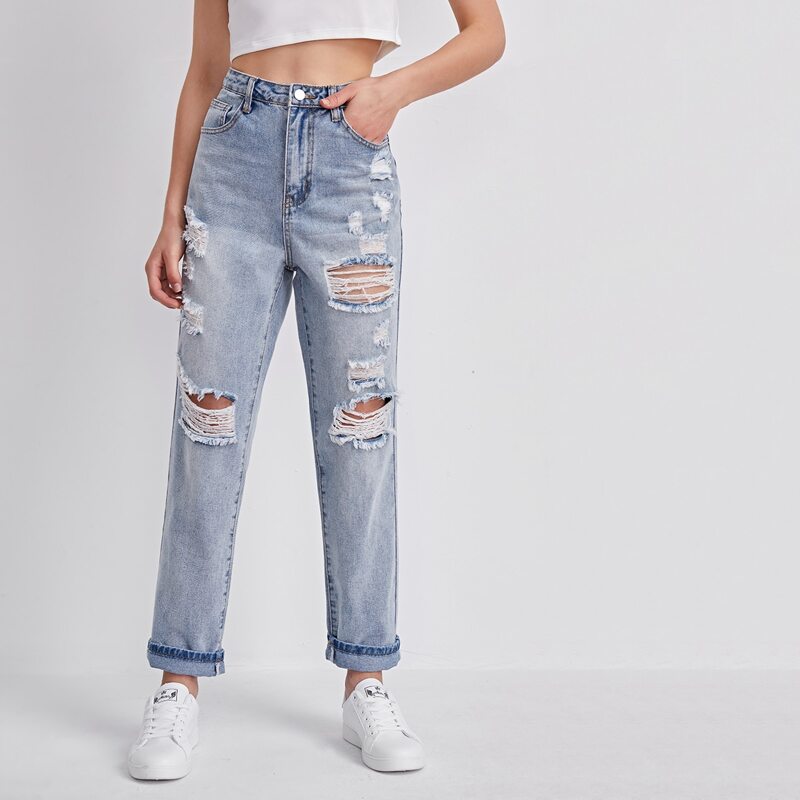 

Light Wash Ripped Straight Leg Jeans