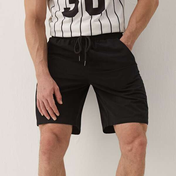 

Men Solid Drawstring Waist Shorts, Black