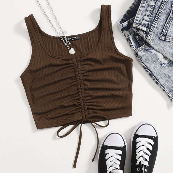 

Ruched Drawstring Knot Tank Crop Top, Chocolate brown