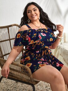 SHEIN VCAY Plus Size Boho Cold Shoulder Ruffle Trim Floral Romper, For Summer - Multicolor - View 1