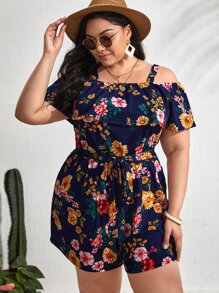 SHEIN VCAY Plus Size Boho Cold Shoulder Ruffle Trim Floral Romper, For Summer - Multicolor - View 4