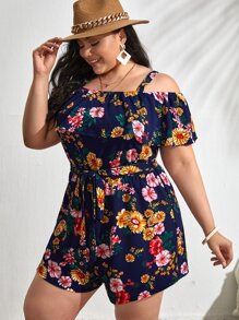 SHEIN VCAY Plus Size Boho Cold Shoulder Ruffle Trim Floral Romper, For Summer - Multicolor - View 5