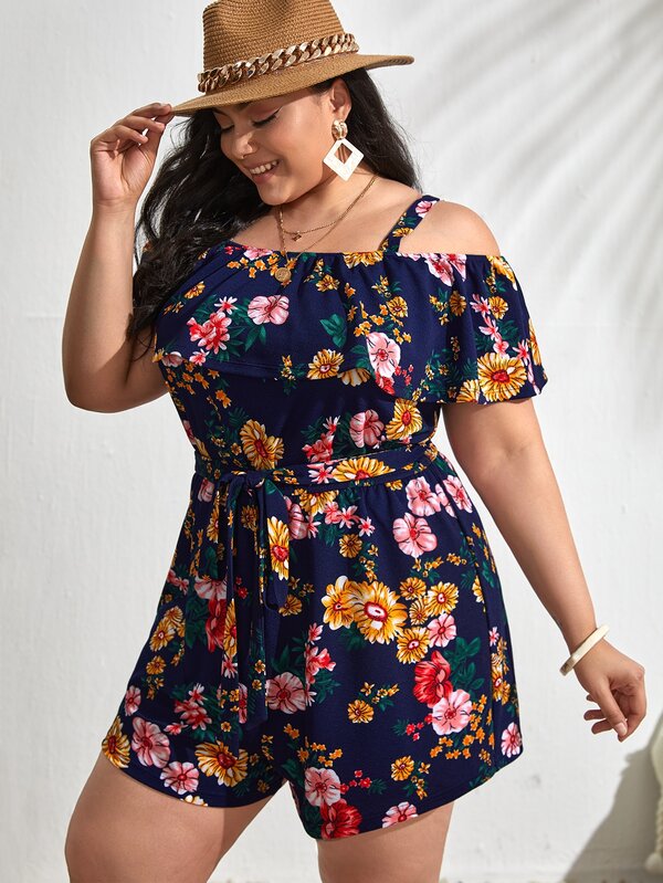 SHEIN VCAY Plus Cold Shoulder Ruffle Trim Floral Romper | SHEIN USA