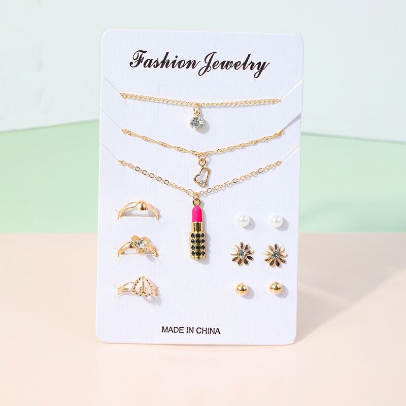 

12pcs Rhinestone Lipstick Jewelry Set, Gold