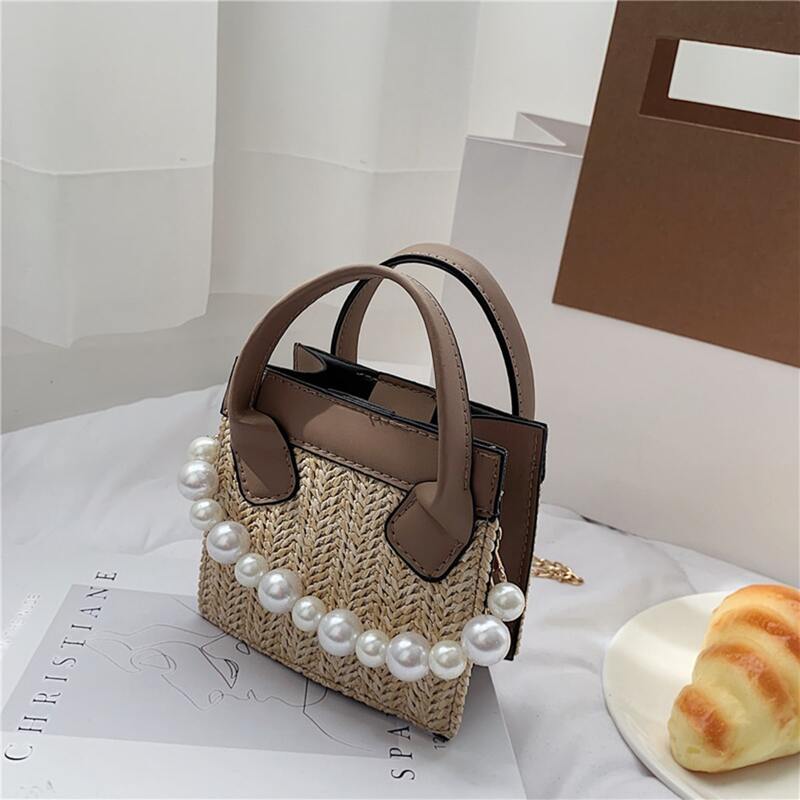

Faux Pearl Straw Satchel Bag, Khaki