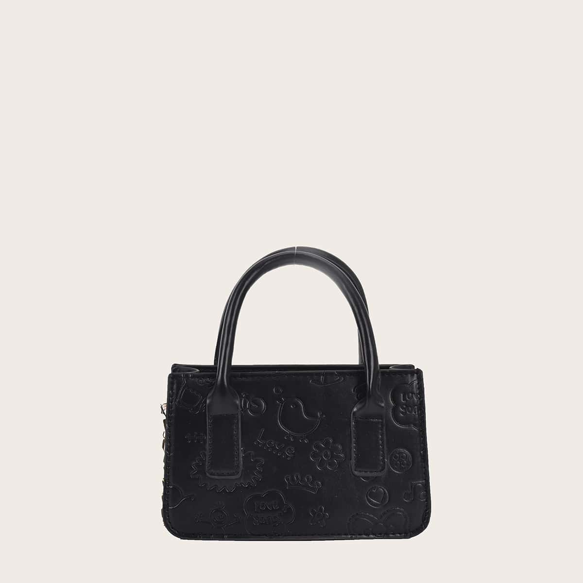 

Cartoon Embossed Chain Satchel Bag, Black