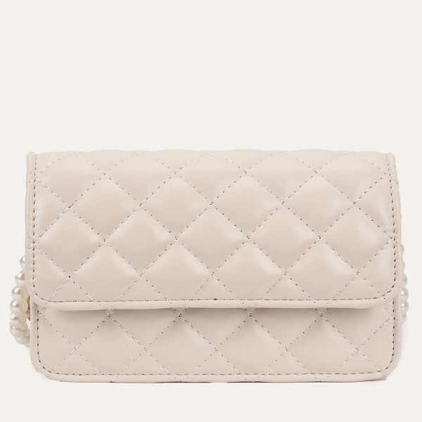 

Faux Pearl Quilted Flap Crossbody Bag, White
